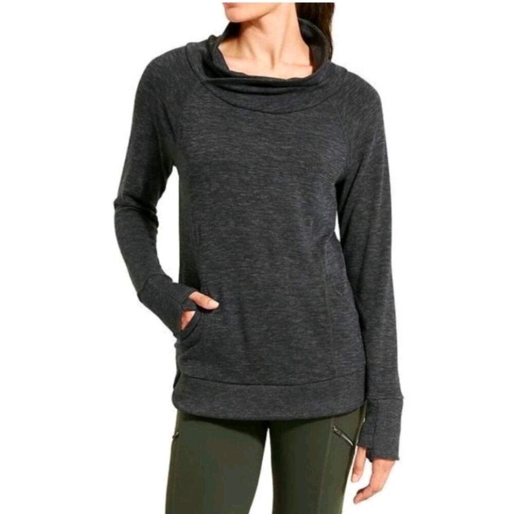Athleta Techie Sweat Track Sweatshirt Gray X Small Kangaroo Pockets Poly/Spandex